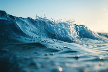 Closeup of a breaking wave with sunlit water droplets