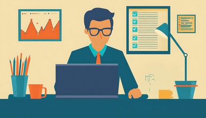 Poster - Businessman Working at a Desk with Laptop