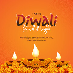 Wall Mural - Happy Diwali Festival Background Design  with Decorative Diwali Lamp and Flower Ornaments