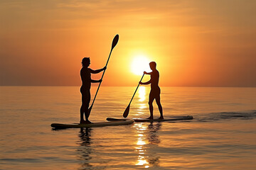 Men paddleboarding on the sea at sunset