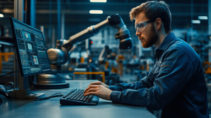 Poster - a technician using a computer to monitor robotic systems in a modern manufacturing facility during t