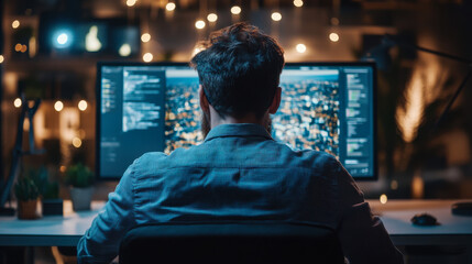 Poster - a person working at a desk in a modern office with multiple screens displaying cityscape and code at