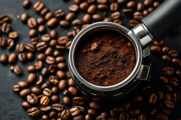 Close-up of a portafilter filled with ground coffee surrounded by roasted coffee beans on a dark surface, representing the preparation of espresso or coffee brewing.