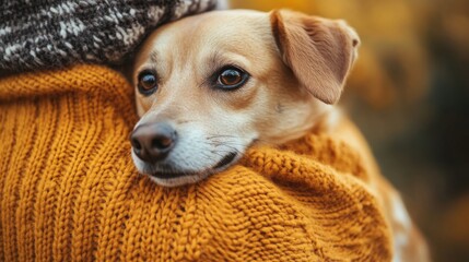 A cute dog with big, expressive eyes cuddles contentedly on a soft, warm knit sweater, evoking feelings of warmth and comfort in a cozy setting.