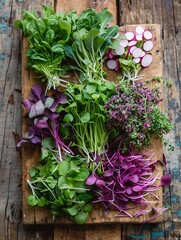 Poster - Freshly harvested microgreens of various types are displayed on a rustic wooden board, showcasing their vibrant colors and textures. Generative AI