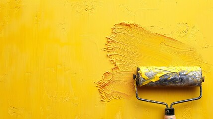 Poster - A painter uses a roller to apply smooth, bright yellow paint on the wall, enhancing the room's cheerful atmosphere. Generative AI