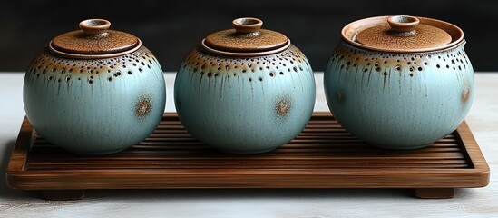 Wall Mural - Ceramic Tea Caddies on a Bamboo Tray