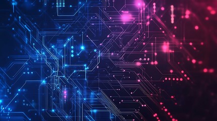 Poster - Abstract digital background with glowing lines and dots in blue and pink color scheme.