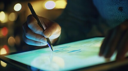 Poster - Person Using Tablet for Digital Drawing at Night