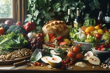 Aufkleber - This wooden table showcases an array of fresh fruits, vegetables, nuts, and wholesome meals ideal for a health-conscious feast. Generative AI