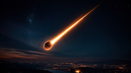 Wall Mural - a bright meteor streaks across the night sky above a cityscape, leaving a fiery trail. the city ligh
