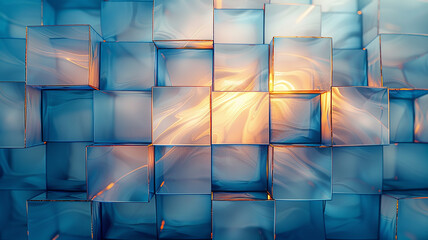 Poster - Modern background of blue cubes and golden light, abstract design copy space