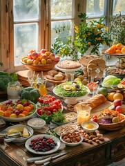 Poster - A vibrant display of healthy foods including fruits, vegetables, and nuts invites wholesome eating in a sunlit rustic kitchen. Generative AI