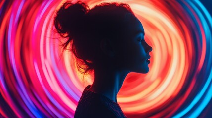 A woman’s silhouette is beautifully outlined against swirling pink and blue neon lights, illustrating mystery, beauty, and contemporary artistic expression.