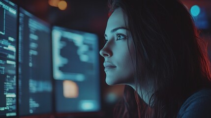 Poster - Focused Woman Working on Computer Screens at Night
