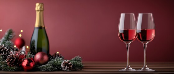 Two glasses of red wine alongside a champagne bottle and holiday decor create a sophisticated and festive ambiance perfect for celebrations.