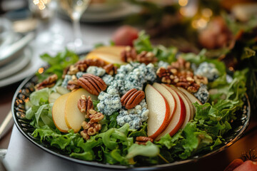 gourmet salad composition, delightful salad bowl with mesclun greens, poached pears, blue cheese, pe