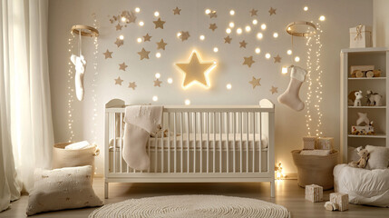 Poster - Cozy nursery with stockings, soft blankets, and festive lights, 3D illustration