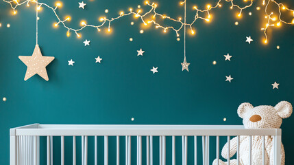 Poster - Baby crib with Christmas-themed bedding and garlands, 3D illustration