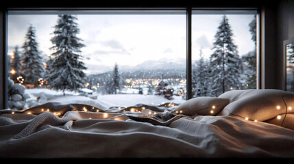 Poster - Cozy nursery with Christmas blankets, festive pillows, and twinkling lights, 3D illustration