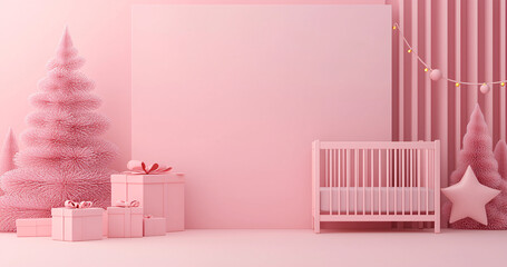Poster - Soft pastels in a nursery with subtle Christmas decor and lights, 3D illustration