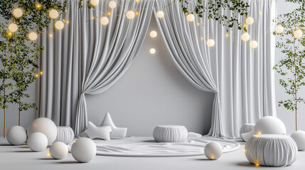 Poster - Soft blankets and Christmas lights in a peaceful nursery setting, 3D illustration