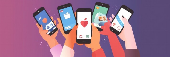 Aufkleber - Hands are actively holding smartphones displaying different social media apps at a vibrant social gathering with friends. Generative AI