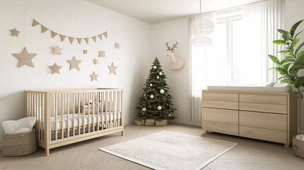Poster - Cozy nursery with a small Christmas tree and festive garlands, 3D illustration
