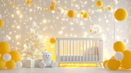Poster - Cozy nursery with a small Christmas tree and festive garlands, 3D illustration