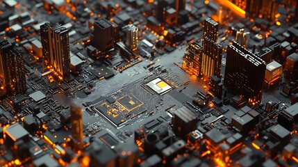 Poster - A futuristic cityscape composed of microchips and electronic circuitry with glowing lights, symbolizing the power of technology and innovation.