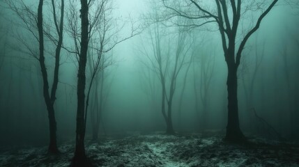 Wall Mural - eerie winter forest scene with leafless trees and fog