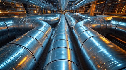 Metallic pipes and ducts in an industrial setting, showcasing infrastructure.