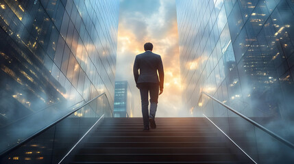 Wall Mural - A businessman walks up stairs towards a glowing cityscape.