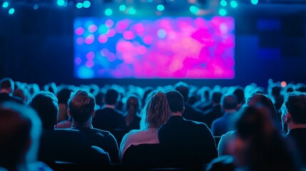 Couple watching a presentation in a dark auditorium