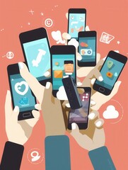 Aufkleber - Multiple hands hold smartphones showcasing popular social media applications in an engaging digital environment. Generative AI