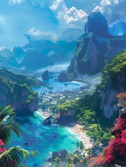 Poster - Breathtaking views showcase beautiful beaches, towering mountains, and a lively coastal city as the sun sets over the horizon. Generative AI
