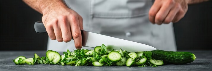 Close up of a Chef's Hand Slicing Fresh Cucumbers for a Salad