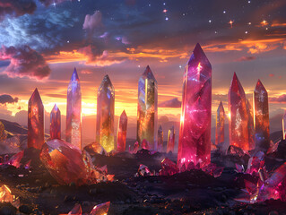 Wall Mural - sunset painting the sky with fiery hues, reflecting on the tranquil lake, mirroring the stars and th