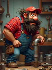 A cartoon mechanic with a thick beard, wearing a red plaid shirt, blue overalls, and a red cap, bending over to fix a pipe.