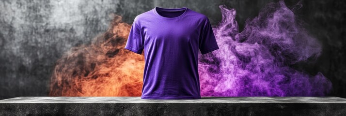 Wall Mural - Purple T-Shirt Mockup On Dark Background With Abstract Orange And Violet Smoke, Fashion Concept