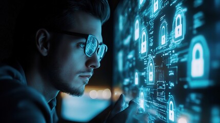 Poster - Young Adult Analyzing Digital Security Data on Screen