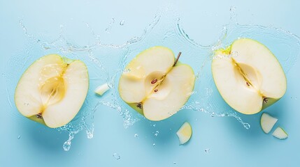 Wall Mural - Green Apple Halves Splashing in Water on Blue Background