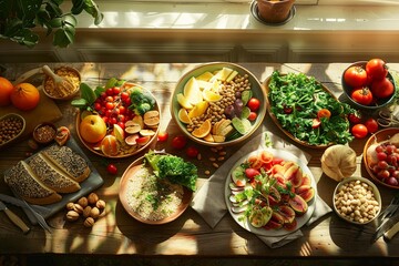 Aufkleber - This wooden table showcases a vibrant assortment of fresh fruits, vegetables, nuts, and balanced meals, emphasizing healthy eating. Generative AI