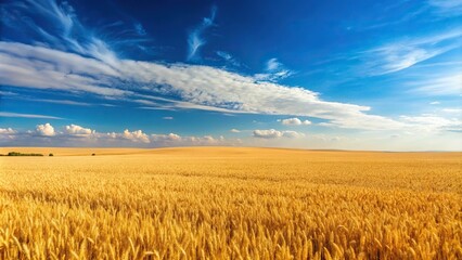 A yellow agricultural field with ripe wheat and blue sky