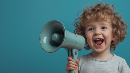 White boy. A person shouting through a megaphone. Copy space, Discounts, Promotions, Black Friday, Announcements, Promotions, Bonuses.