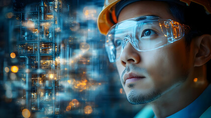 Canvas Print - A focused engineer in safety gear, contemplating technology advancements.