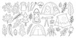 © Plawarn - Set of isolated cute Fall elements in doodle hand drawn style on a transparent background. Vol.4 : Camping series in Black outline.