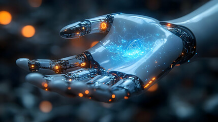 Poster - A futuristic robotic hand displaying glowing blue particles.