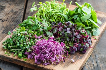 Poster - Various vibrant microgreens are arranged on a wooden cutting board, showcasing their fresh colors and textures, ideal for garnishing dishes. Generative AI