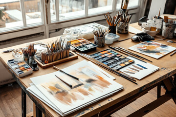 Poster - An artist's workspace with an assortment of paintbrushes, watercolors, paper, and painting tools on a wooden table. Sunlight streams through large windows in the background.